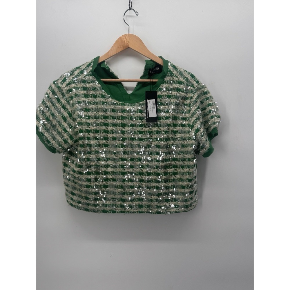 New Sequin Crop Top Short Sleeve Green Basket Weave Pattern Sz L Boho Chic Grann